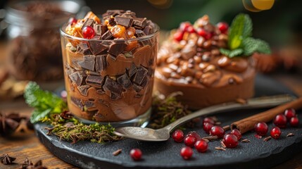   Two desserts, each topped with chocolate frosting, cranberries, and mint, sit prominently against a backdrop of a black plate The wooden table adds a warm