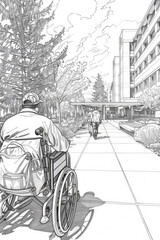 A man seated in a wheelchair looks ahead at another person strolling down a tree-lined walkway between university buildings