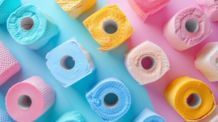 Colorful Assorted Toilet Paper Rolls on Pastel Background