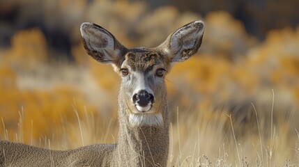   A tight shot of a deer's head in a meadow, surrounded by tall grass and yellow blooms