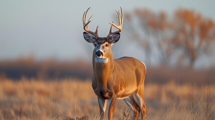 Fototapeta premium A deer up-close in tall grass field, trees behind, blue sky overhead
