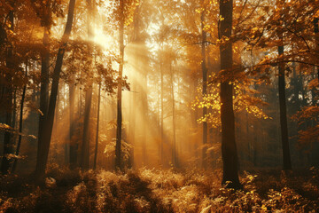 Mystical Autumn Forest with Sunrays Through Morning Mist