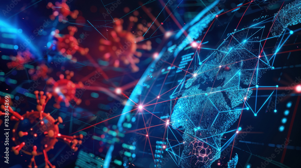 Poster abstract digital artwork showcasing a vibrant representation of interconnected nodes and data flowin