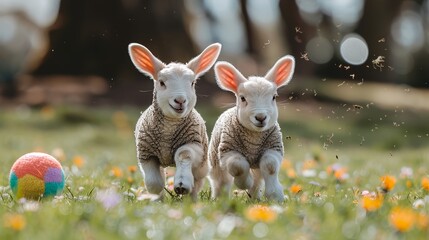  Two lambs dash through a verdant field, a ball rolls ahead in the foreground, trees line the backdrop