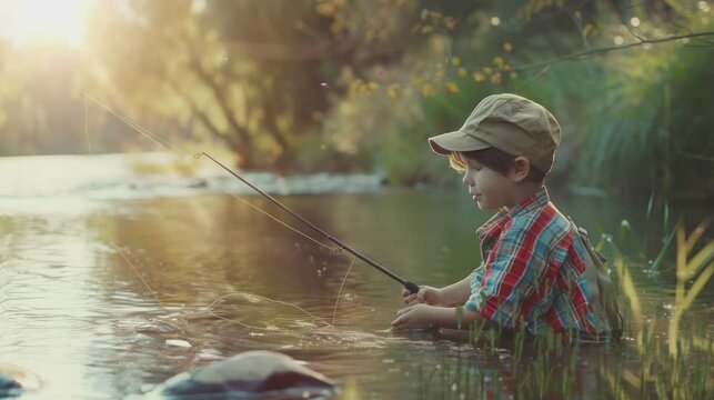 a small child wearing a hat is fishing in the river . seamless looping time-lapse virtual video Animation Background.