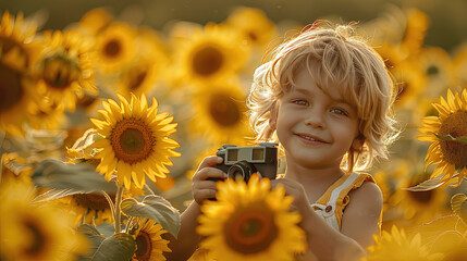 Young child with camera in sunflower field