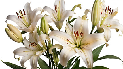 A bouquet of fresh white lilies with green leaves on white background,
