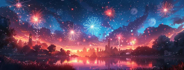 Tuinposter Holiday event with music festival in city park at night. Dark urban public garden landscape with fireworks over stage for concert. Cartoon vector illustration of scene for outdoor entertainment © Jennifer