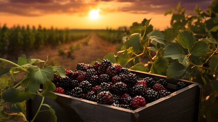 Blackberries harvested in a wooden box in a farm with sunset. Natural organic fruit abundance. Agriculture, healthy and natural food concept. Horizontal composition.