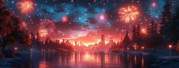 Holiday event with music festival in city park at night. Dark urban public garden landscape with fireworks over stage for concert. Cartoon vector illustration of scene for outdoor entertainment