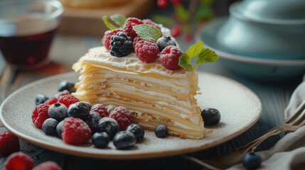 Pancakes topped with fresh berries, cream, and chocolate drizzle on a white plate