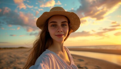 A girl in a straw hat takes a selfie at sunset. Travel photo