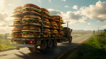 Cargo truck full of sandwiches on the road in the american countryside and sunset. Concept of high...