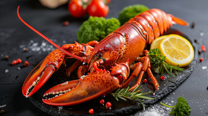 Delicious red lobster dish on a plate in a restaurant, isolated, with fresh seafood and crustaceans.