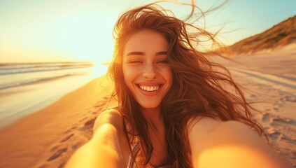 A girl takes a selfie at sunset. Travel photo