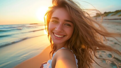 A girl takes a selfie at sunset. Travel photo