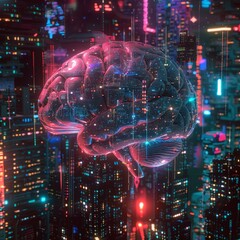 An AI brain superimposed on a cityscape, representing the digital mind and the integration of technology into urban environments. A vision of futuristic innovation