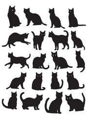 Set of silhouettes of different poses of cats isolated on a white background vector illustration
