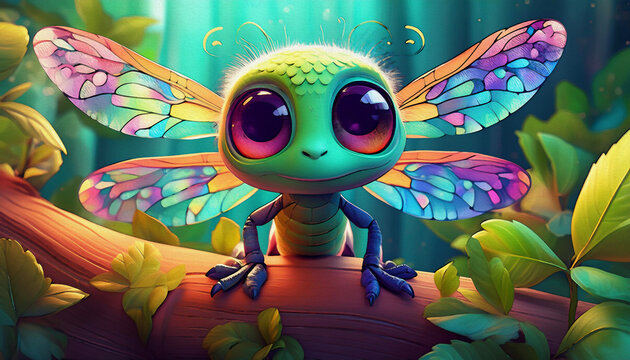 OIL PAINTING STYLE CARTOON CHARACTER CUTE BABY dragonfly on a leaf, top view. side front of face with big eyes