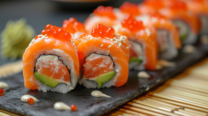Sushi with salmon served on a plate