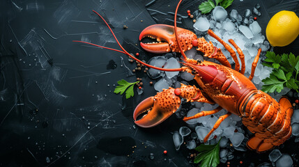 Lobster and crayfish on a board surrounded by shells and marine elements