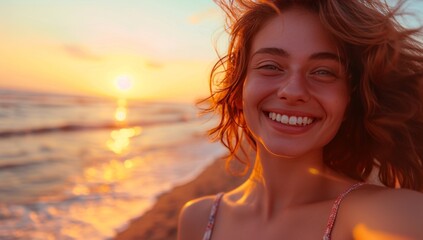 A girl takes a selfie at sunset. Travel photo
