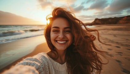 A girl takes a selfie at sunset. Travel photo