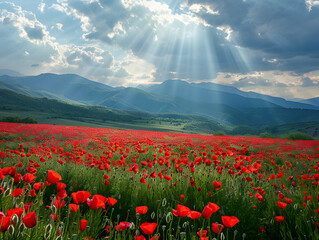 A field of red poppies stands in a meadow before a mountain range. The sky is filled with fluffy white clouds.