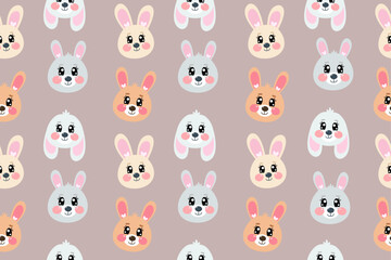 Seamless pattern with kawaii cute happy sweet face, head of bunny, rabbit face for children isolated on light brown, beige background. Vector cartoon illustration for baby, kids	
