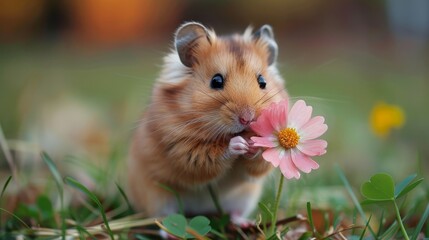   Hamster holds pink flower, gazes at camera; background softly blurred