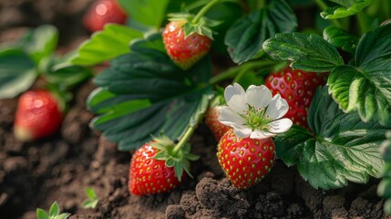 strawberries in the foreground, a flower at its center