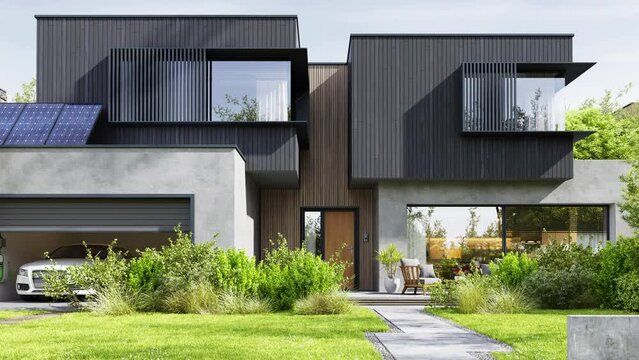 Modern Architecture Home. House Design with Solar Charging Station and Electric Car
