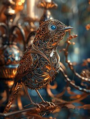 Delicate copper wired metal art bird  meticulously detailed filigree, complex 3d render ultra detailed , beautiful studio soft light