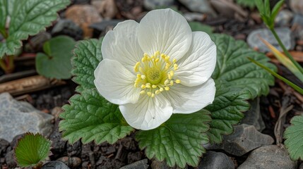   A white bloom rests atop a verdant green leafy expanse, adjacent to a mound of stones and fallen foliage