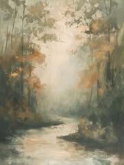Obraz na płótnie Canvas Foggy Forest Painting Scene