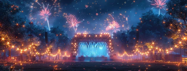 Foto auf Acrylglas Holiday event with music festival in city park at night. Dark urban public garden landscape with fireworks over stage for concert. Cartoon vector illustration of scene for outdoor entertainment © Jennifer