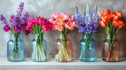   A white shelf holds a row of vases, each brimming with flowers against a pristine white wall backdrop
