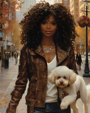 elegant, and rich African American woman, with long natural curly hair, beautifully dressed, is walking her white poodle down a city street Oil painting image