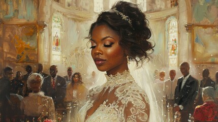 oil painting image of a beautiful, regal,  African American plus size woman Natural glowing makeup 