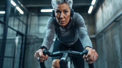 Fototapeta na wymiar A Determined Woman Indoor Cycling