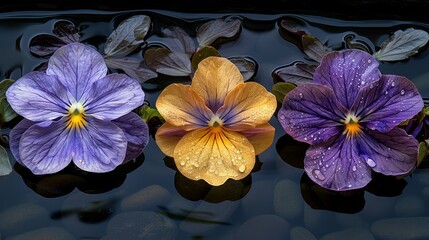   A collection of purple and yellow blooms resting atop a water surface, beneath which lie submerged leaves