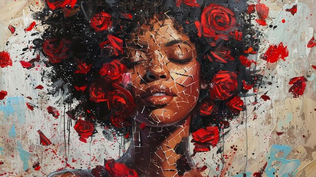 portrait of African American woman with shattered glass, anime style painting, brush strokes, ethereal red roses