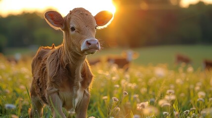   A baby cow in a verdant field, sunset silhouette behind