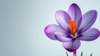   A purple flower with an orange stamen in its center, against a blue sky background