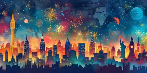 Vibrant New Year s Eve Across the Illuminated Skyline of a Global Metropolis - obrazy, fototapety, plakaty