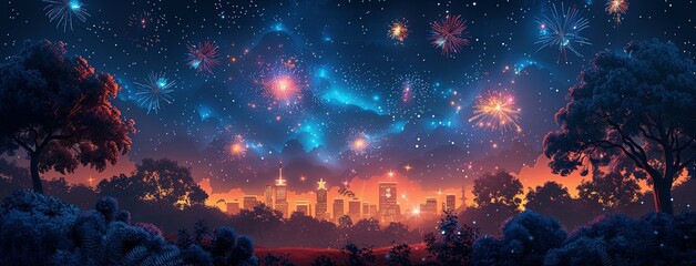 Fototapeta premium Holiday event with music festival in city park at night. Dark urban public garden landscape with fireworks over stage for concert. Cartoon vector illustration of scene for outdoor entertainment