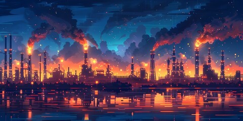 Fototapeta premium Nighttime Spectacle of Industrial Refinery Towers Alight with Fiery Flames Illuminating the Surreal Chemical Processing Ballet