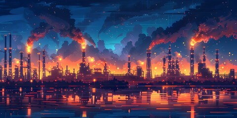 Nighttime Spectacle of Industrial Refinery Towers Alight with Fiery Flames Illuminating the Surreal Chemical Processing Ballet