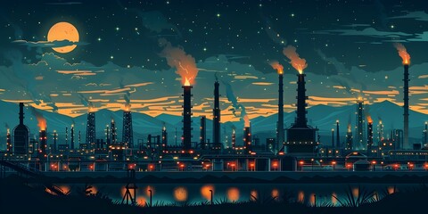 Dramatic Nighttime Panorama of an Industrial Oil Refinery Skyline with Towering Structures and Flaring Flames Lighting Up the Cityscape - obrazy, fototapety, plakaty