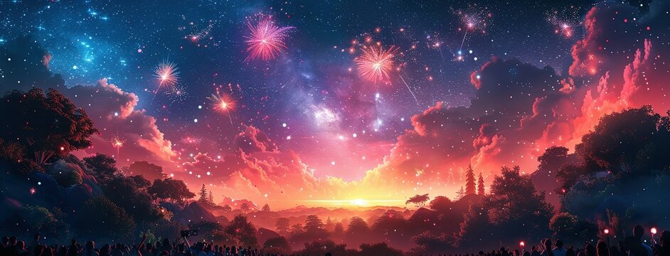 Holiday event with music festival in city park at night. Dark urban public garden landscape with fireworks over stage for concert. Cartoon vector illustration of scene for outdoor entertainment